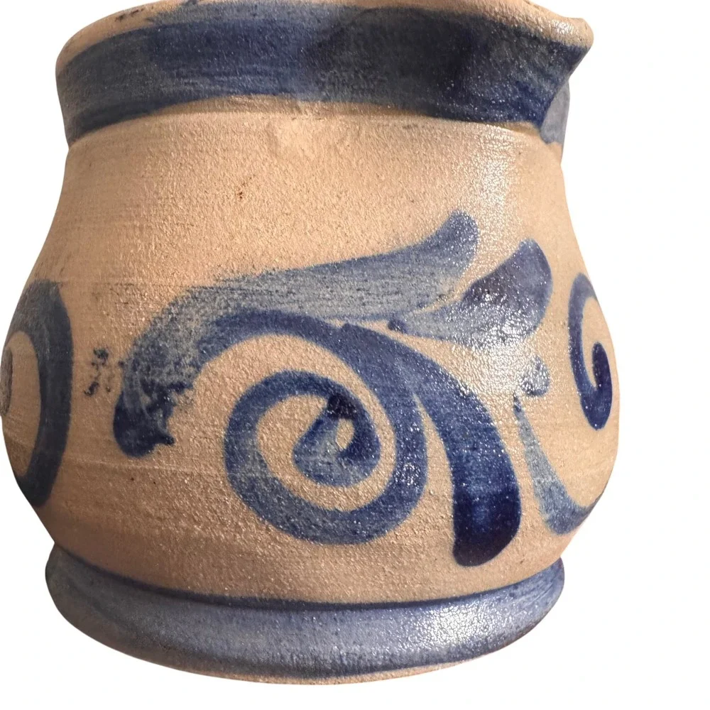 Vintage German Salt Glaze Stoneware Creamer Blue Cobalt Folk Art‎ Floral Pitcher